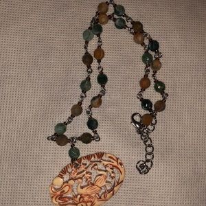 Beautiful vintage carved wooden pendant necklace with semiprecious beads